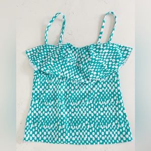 Catalina Teal and White Geometric Tankini Swimsuit Top Size L 10/12 Ruffle